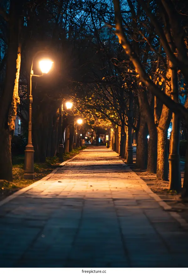 Nighttime View of a Paved Path Lined with Trees and Street Lights