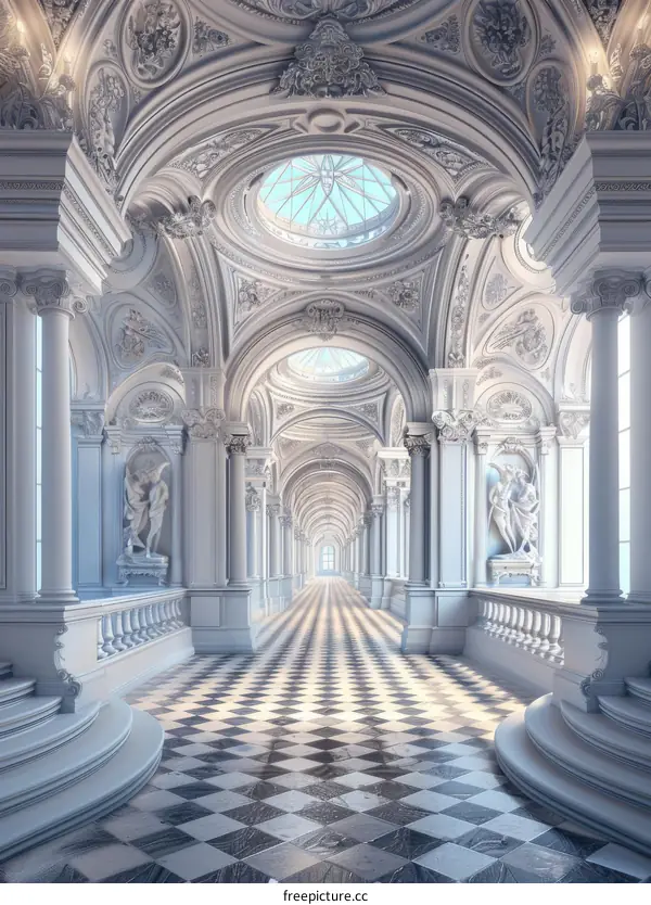 Ornate Hallway with Majestic Marble Statues