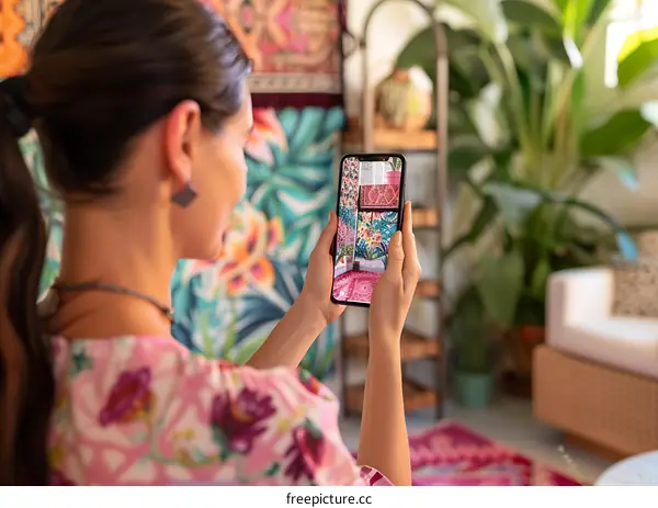 Woman Taking Photo of Interior Design with Mobile Phone