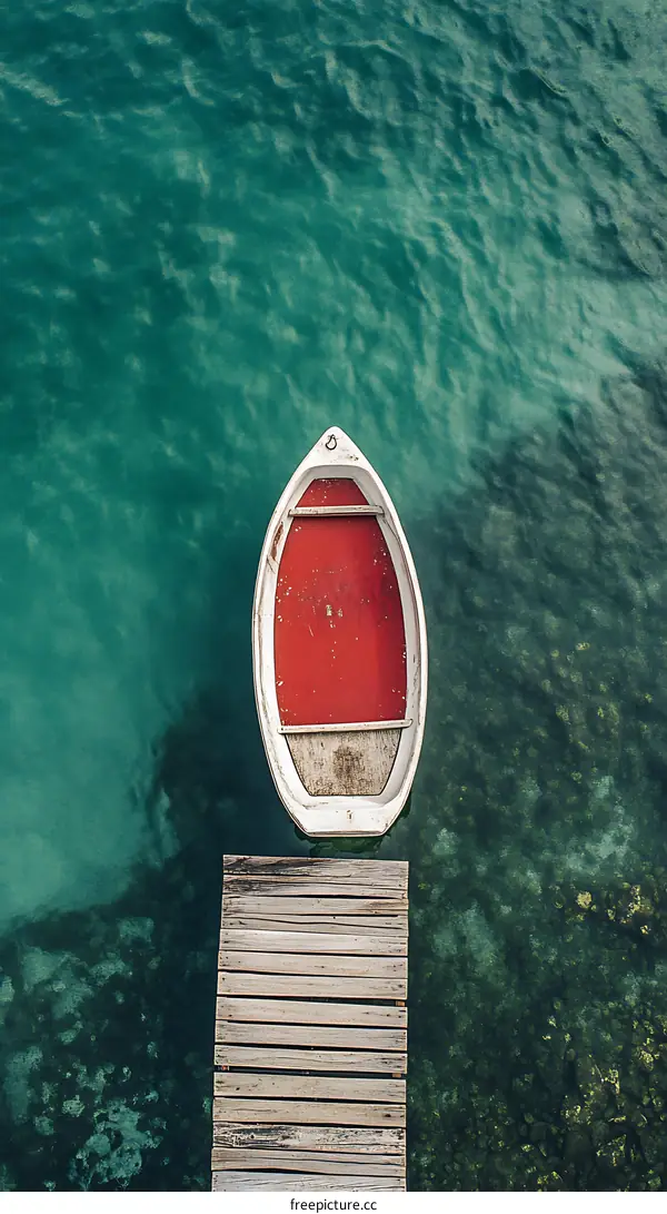 Red Rowboat Moored at Dock on Clear Turquoise Water