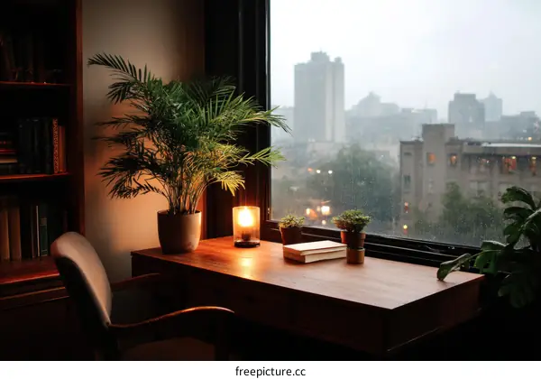 Cozy Rainy Day Office Window View