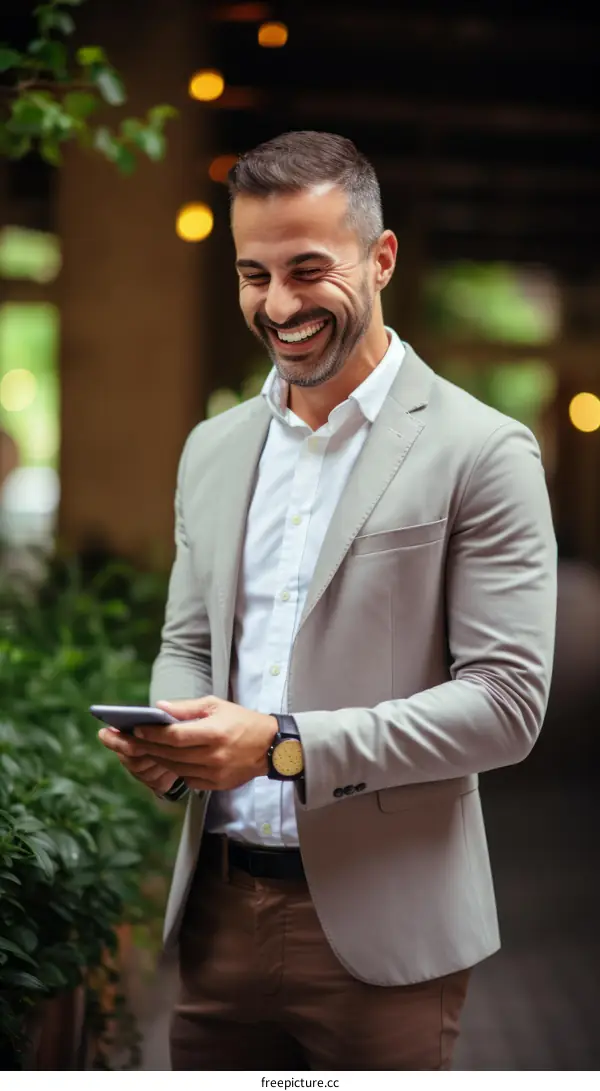 A businessman is using his phone while walking down the street