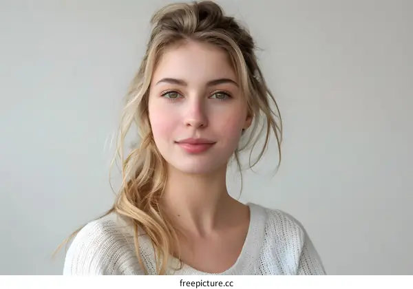 portrait of a young blonde woman with green eyes