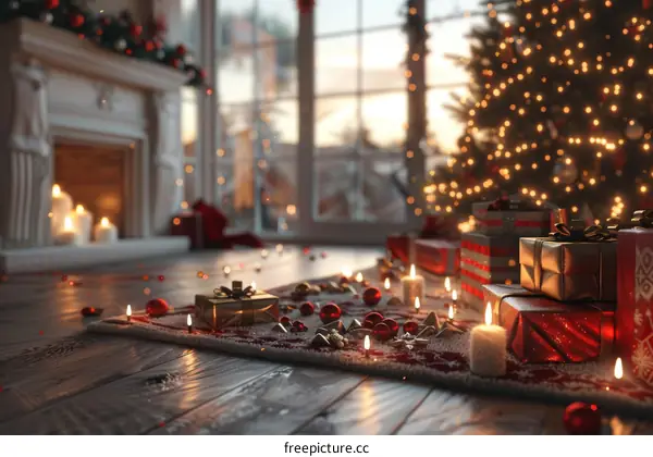 Christmas Tree Adorned with Presents and Lighted Candles