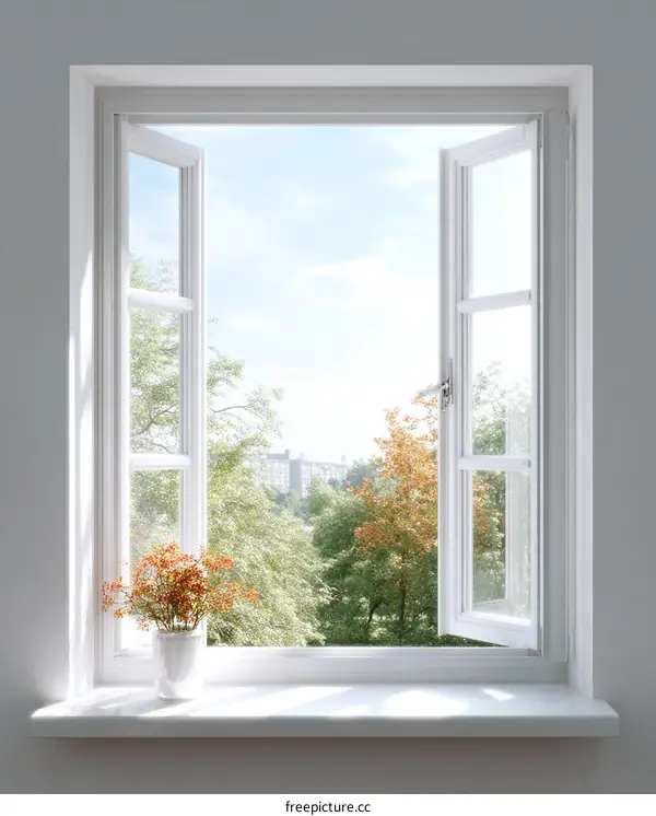 Open Window View of Lush Trees and Cityscape