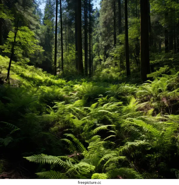 Sunlight Filtering Through a Lush Green Fern Forest Canopy