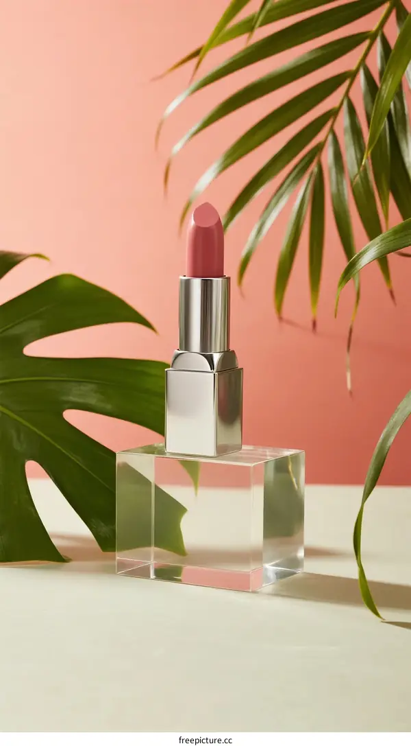 Pink Lipstick with Green Leaves on Pastel Background
