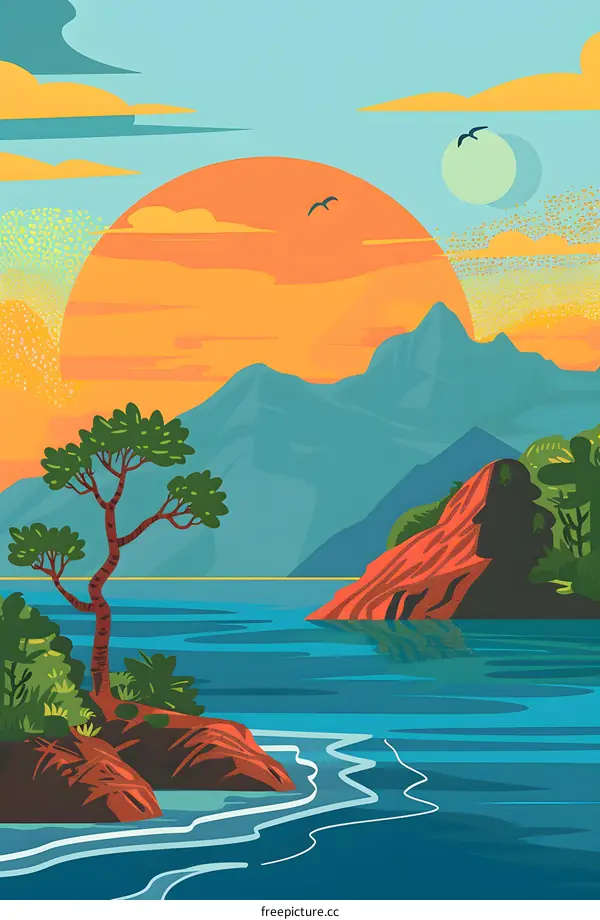 Sunset Mountain Lake Landscape Illustration