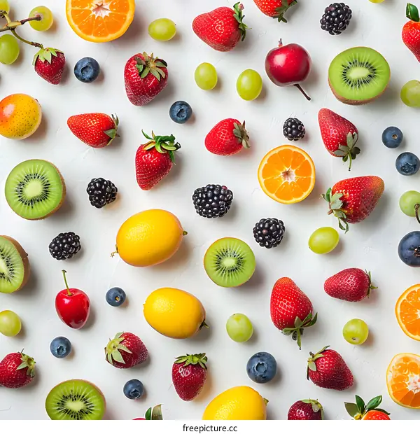 Fresh Fruit Pattern with Colorful Berries, Kiwi, Grapes, and Citrus on White Background