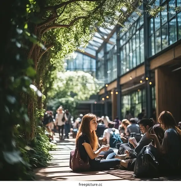 Blurred background of people walking in a busy city street with a large tree