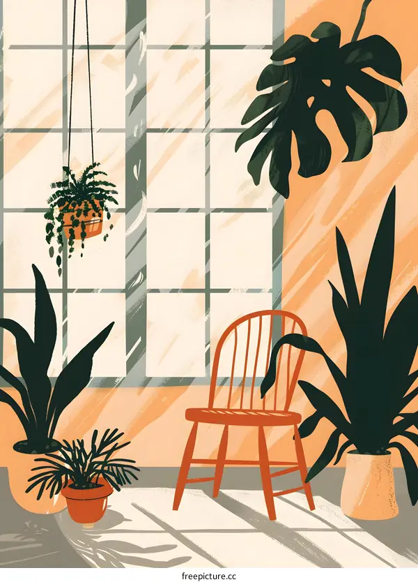 Indoor Plant Decor With A Red Chair By The Window