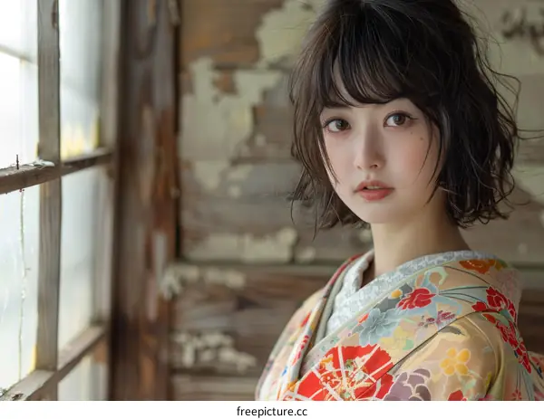 Portrait of a young woman in a kimono standing in a traditional Japanese house