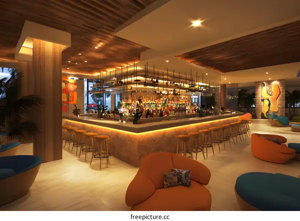 Modern Bar Interior Design With Wooden Walls And Ceiling