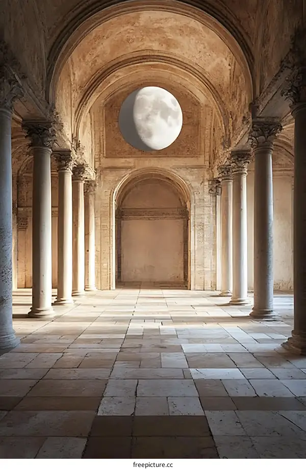 Moonlit Hallway with Arched Ceiling and Columns