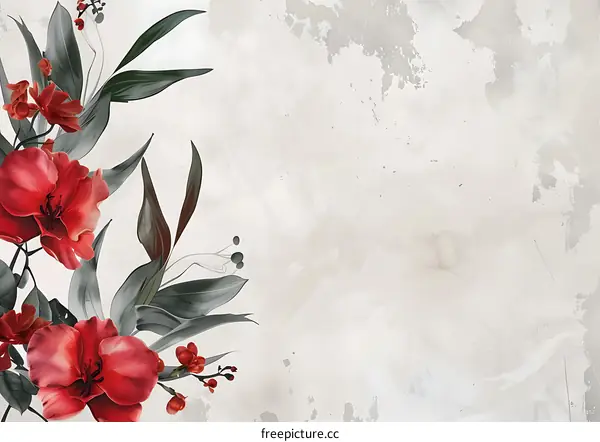 Floral Design With Red Flowers And Green Leaves On White Background