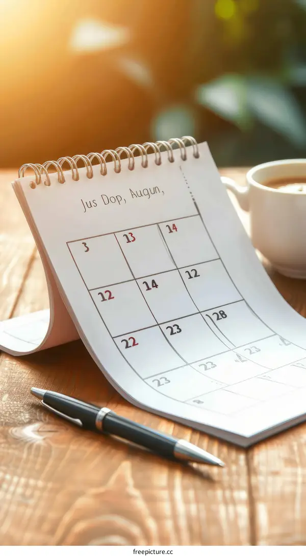 A desk calendar with a cup of coffee and a pen on a wooden table
