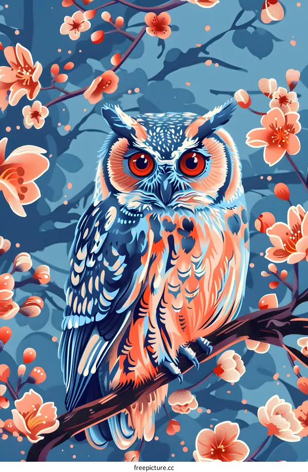 Owl on Branch with Peach Blossom