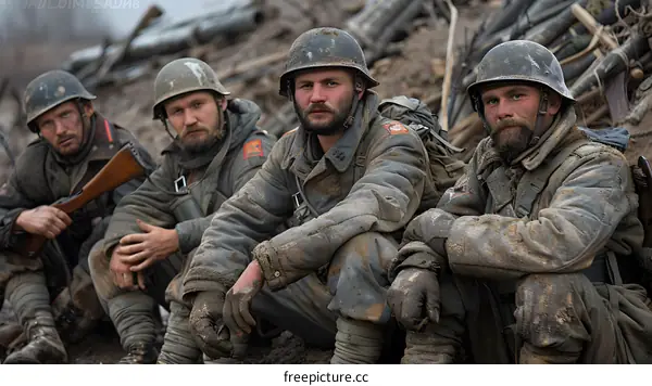 Four soldiers in mud-caked uniforms sit on the edge of a trench during World War I.