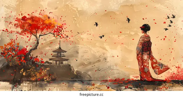 A woman in a red kimono standing in a field of red flowers with a pagoda in the background