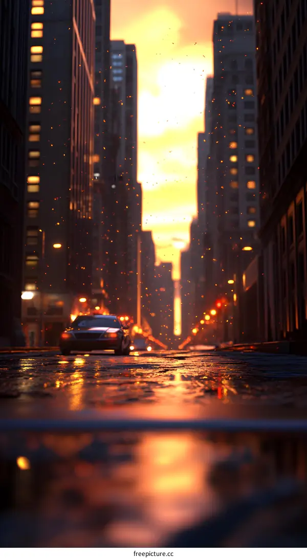 City Street at Sunset with Rain