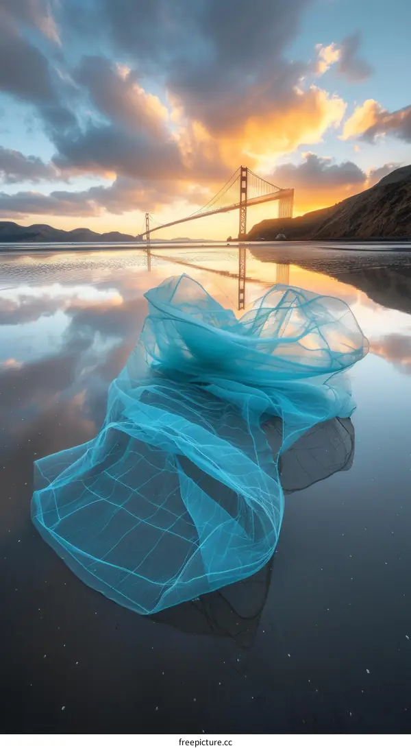 Golden Gate Bridge at sunset with a blue cloth in the foreground
