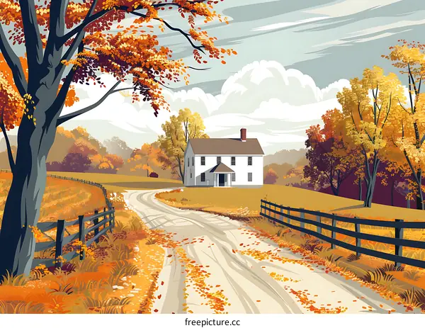 Autumn Countryside Landscape With Farmhouse And Winding Road