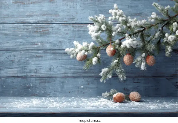 Winter Wonderland Wooden Background with Snow-Covered Branches