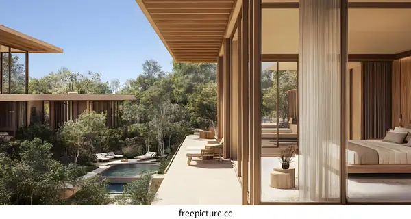 Modern Minimalist Villa Design With Large Windows and Wooden Beams