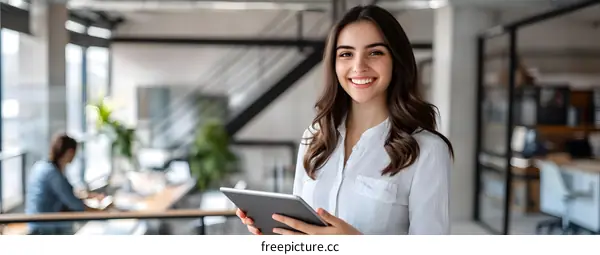 Smiling Woman Using Tablet In Modern Office
