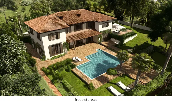 Aerial View of a Luxury Villa with Swimming Pool