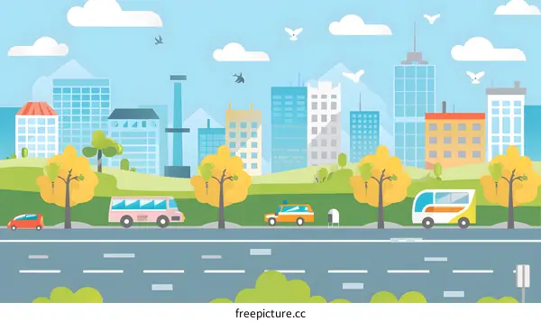 Cityscape Illustration With Buildings, Trees, Cars and Buses