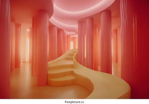Abstract Pink and Yellow Room Interior Design With Curved Walls and Steps