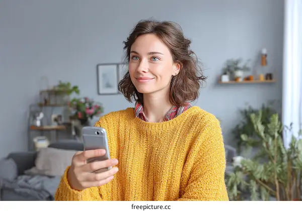 Woman Using Smartphone in Cozy Home Environment