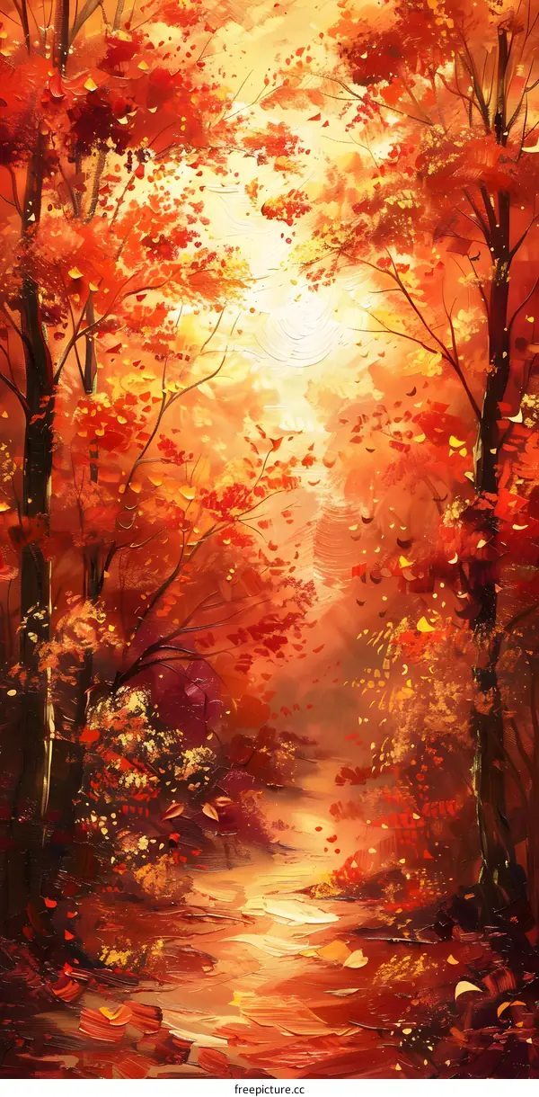 Autumn Forest Landscape Painting with Red and Orange Colors
