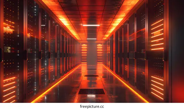 Futuristic Sci-Fi Server Room With Glowing Orange Lights
