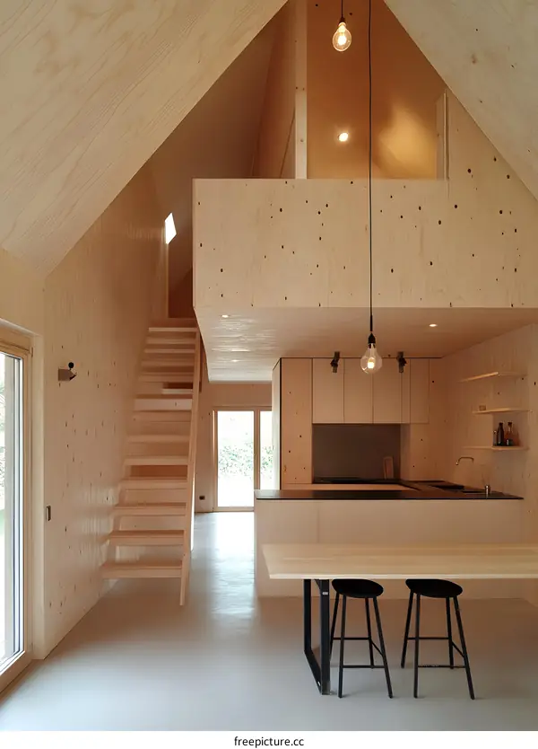 Modern Wooden House Interior Design With Kitchen And Staircase