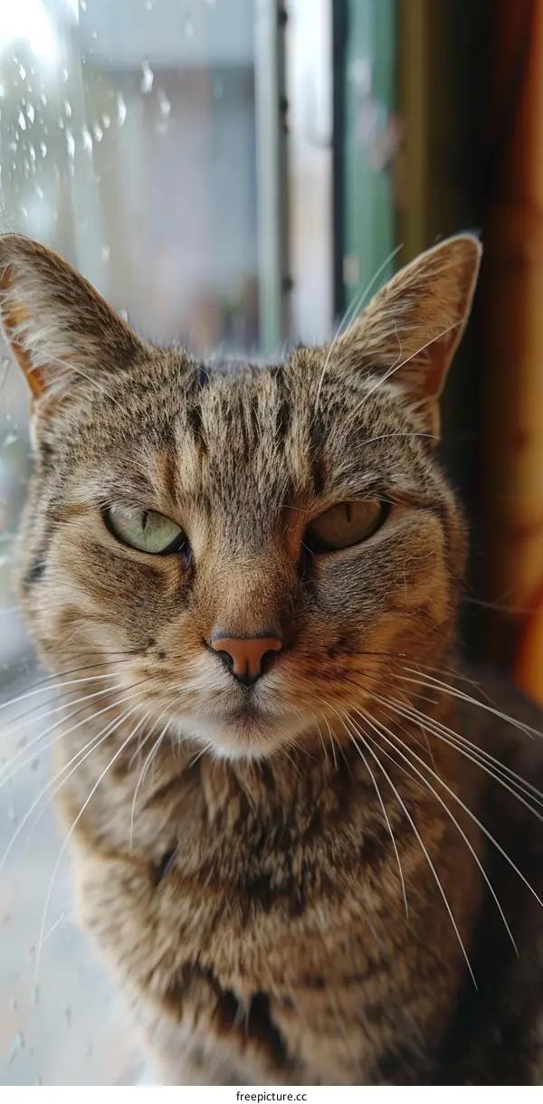 A ginger cat is sitting in front of a window