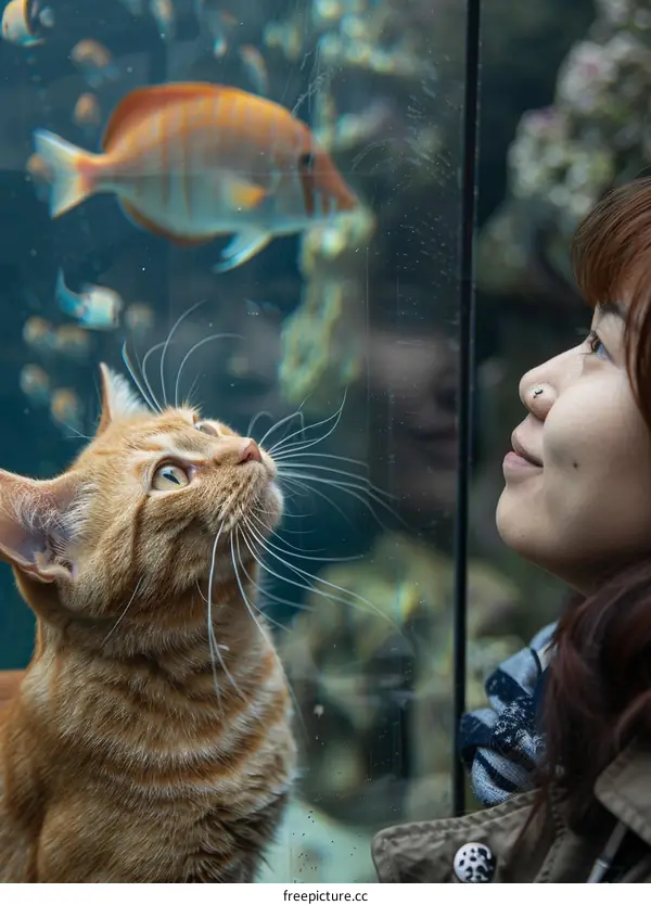 A ginger cat looking at a fish tank with a woman