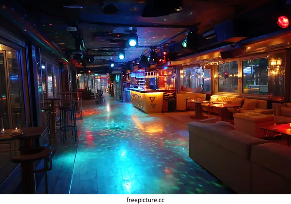Nightclub Interior with Colorful Lights and Furniture
