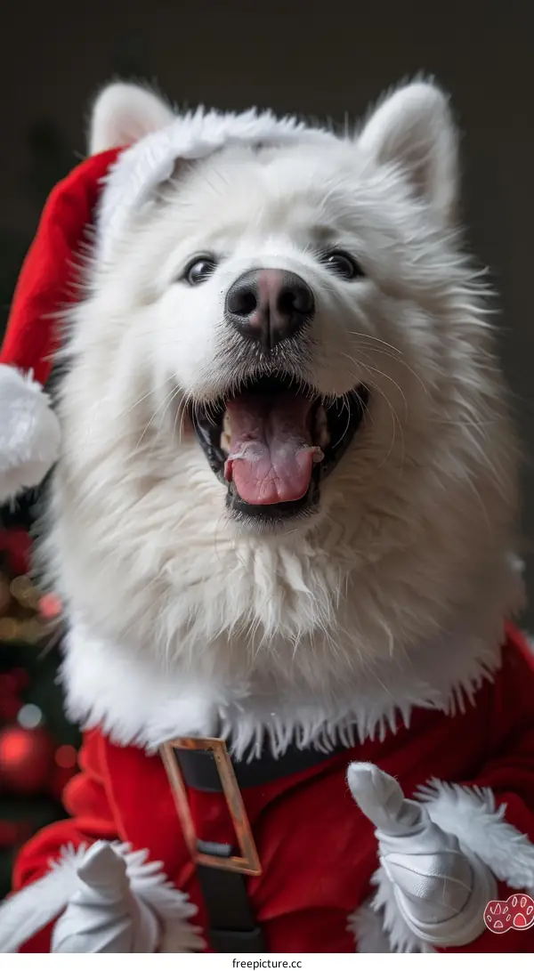 Samoyed dog wearing a Santa hat
