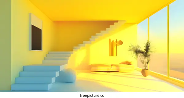 Minimalist Modern Yellow Interior Design With Stairs