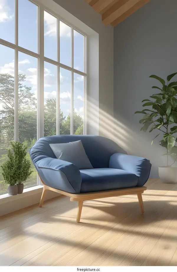 Blue Armchair in a Room with Large Window and Sunbeams