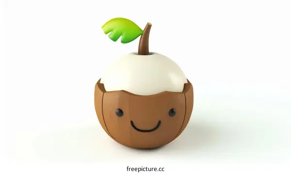 A 3D rendering of a coconut wearing a coconut leaf as a hat and has a smiley face.