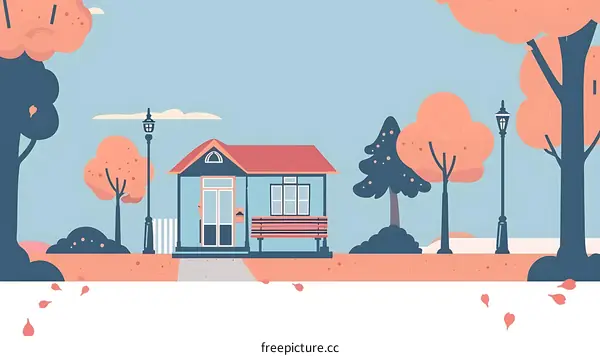 Autumn House Illustration With Trees And Streetlights