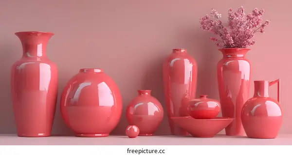 Pink Ceramic Vases and Bowls Still Life