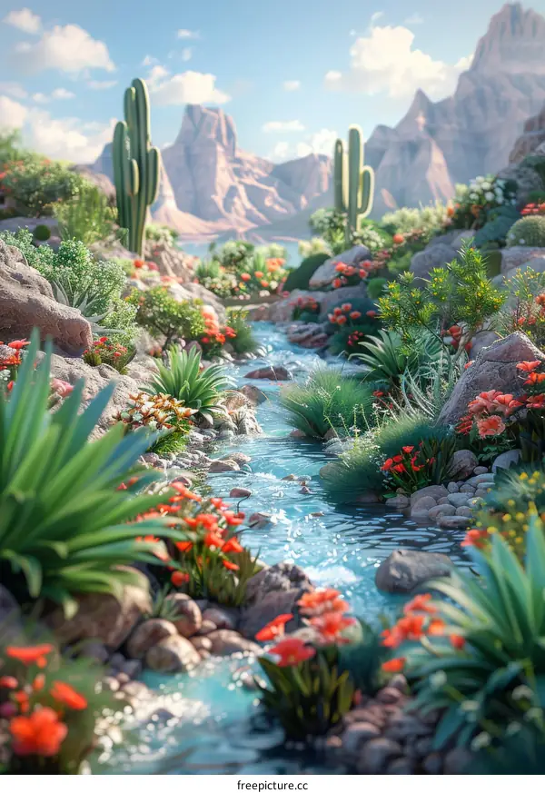 Desert Oasis with Stream and Flowers