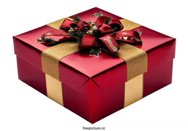 [Transparent Background PNG]Red Christmas Gift Box with Golden Ribbon