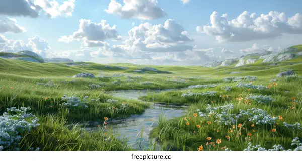 Small River Meandering through a Verdant Meadow on a Sunny Day