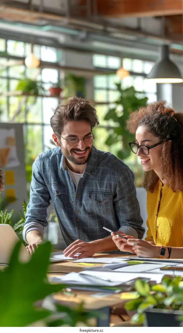 Two young business people working together in a modern office