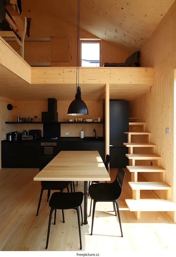 Modern Minimalist Wood Cabin Interior Design Kitchen Loft